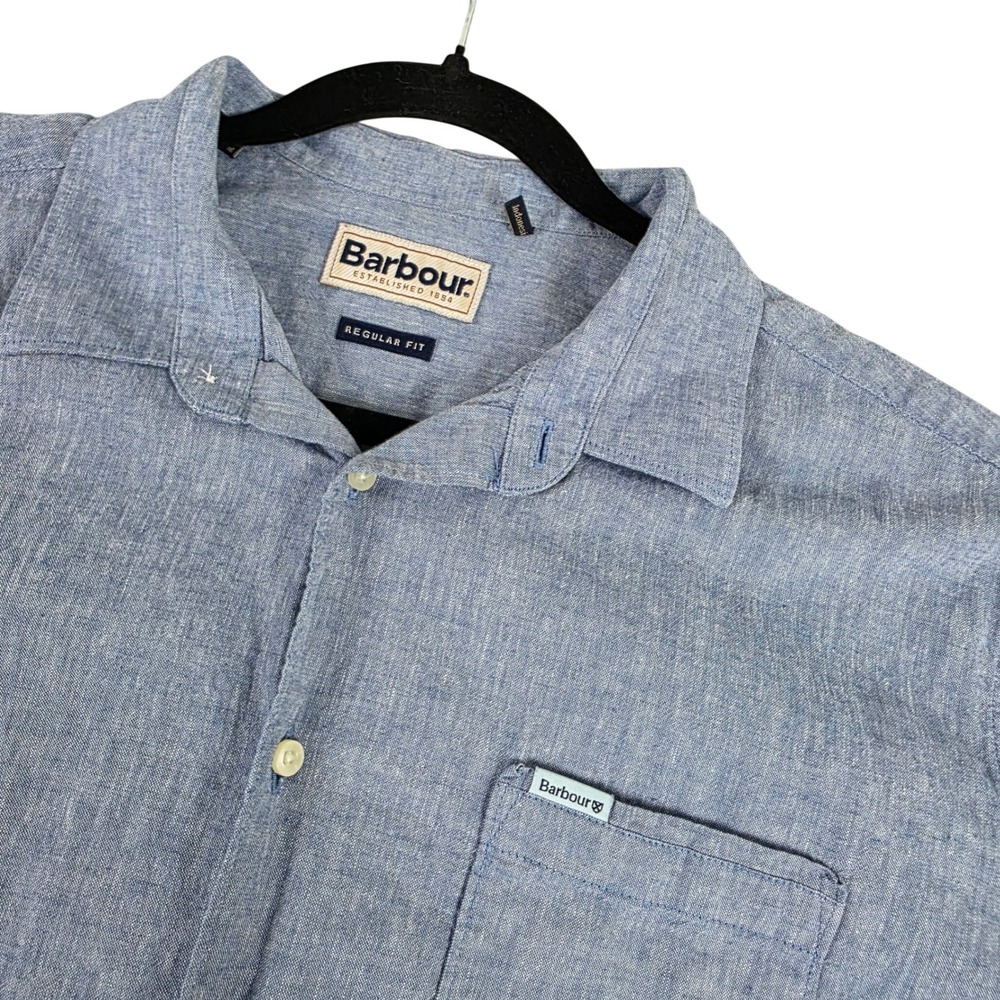 Barbour Mens Nelson Regular Blue Linen Cotton Short Sleeve Button Up Shirt sz M